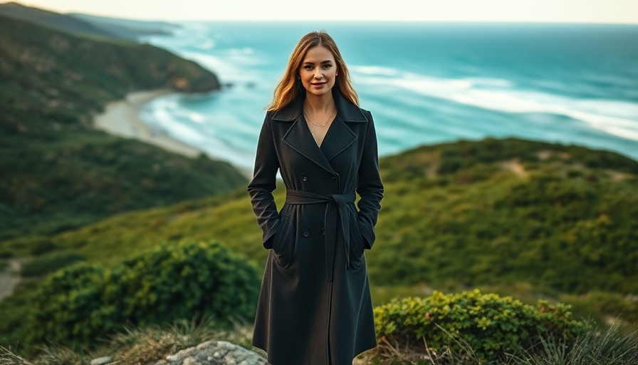 Women in business leadership: Confident woman on scenic coast.