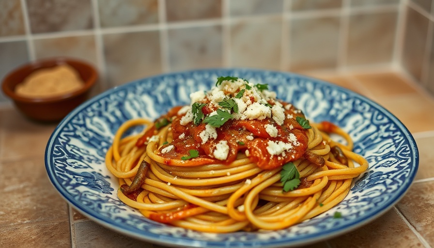 Spaghetti with poblano chile sauce topped with cheese and herbs.