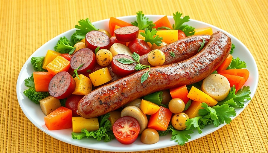 Colorful global recipes dish with vegetables and sausage.