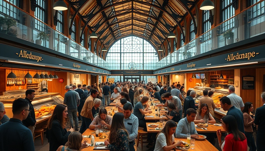 Vibrant European food hall bustling with diners enjoying meals.