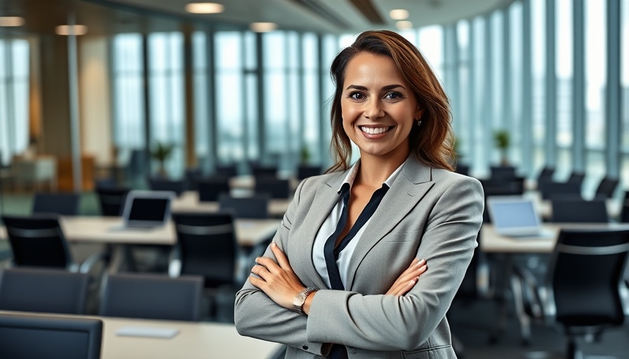 Confident woman standing in a modern business boardroom.