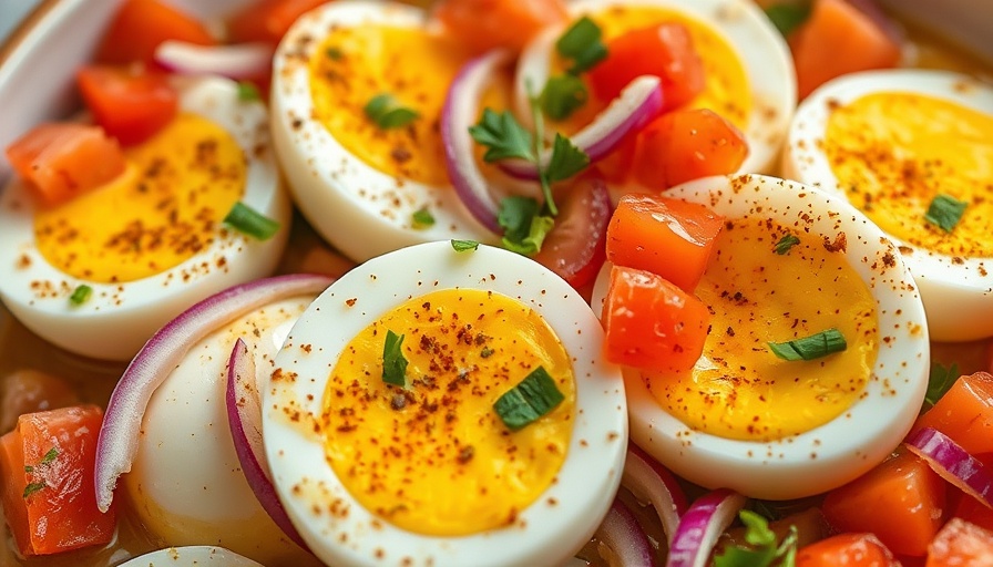 Close-up of global recipe dish with eggs, vegetables, herbs.