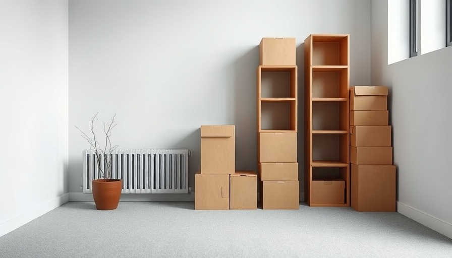 Sparse office setting with boxes and a potted plant