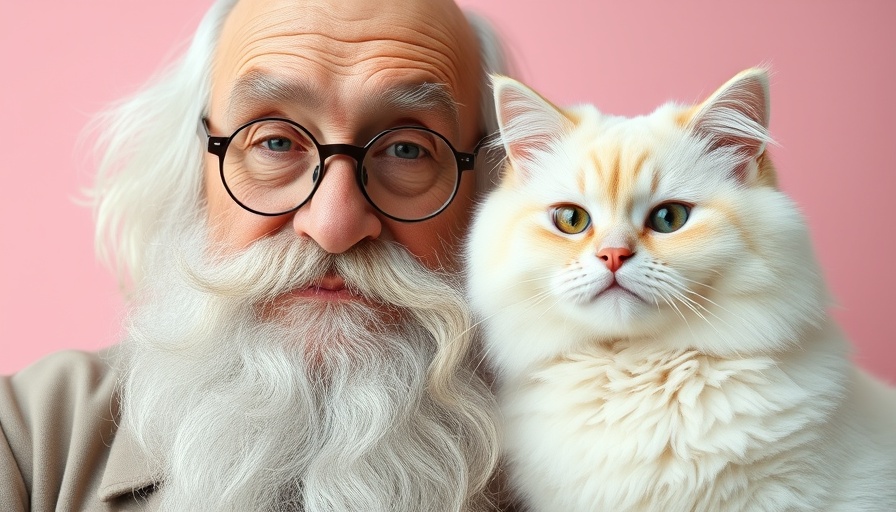 Elderly man and cat both winking on pastel pink background.
