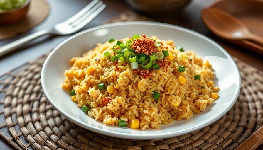 Delicious corn furikake fried rice with wooden spoon.