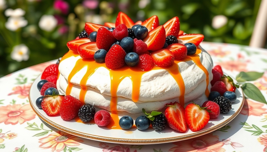 Colorful pavlova with berries and passionfruit on a garden table.