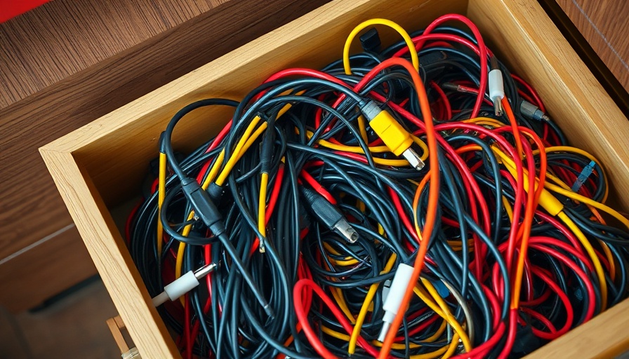 Cluttered drawer with tangled cables in office, fixing marketing technology for women entrepreneurs.