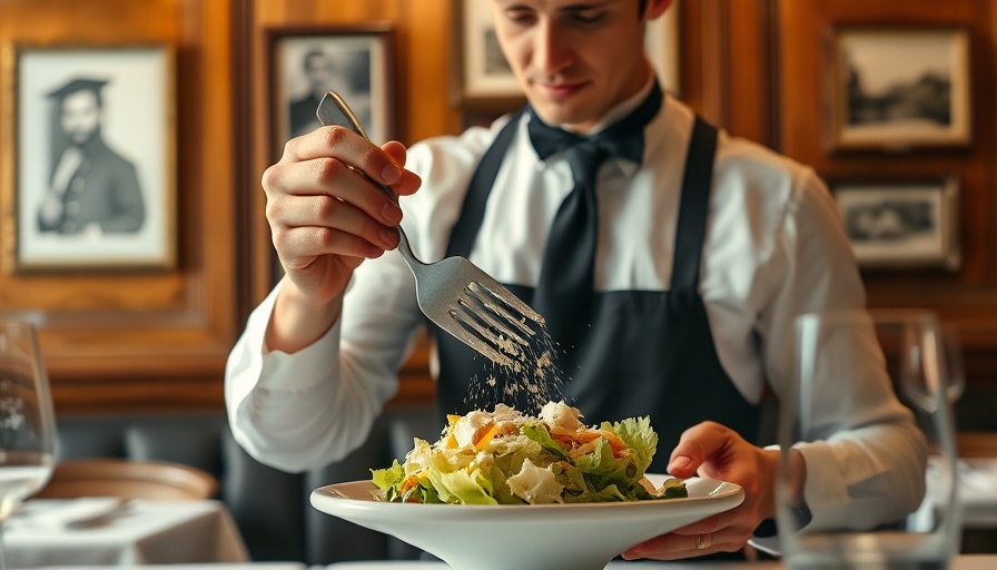 Waiter preparing Caesar salad in vintage restaurant, highlighting origins.