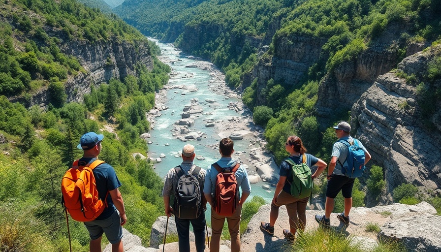 Scenic hiking trail near airport with hikers overlooking a river