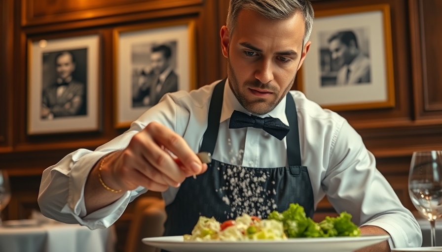 Waiter preparing Caesar salad in classic restaurant for historical context.