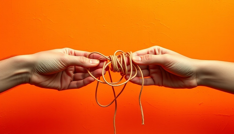 Hands exchanging tangled string symbolizing reducing healthcare disparities.