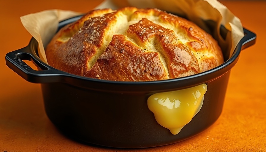 Golden-brown no-knead cheddar jalapeño bread in Dutch oven.