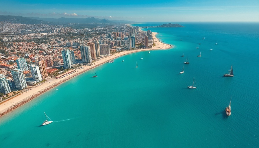 Aerial view of Albanian Riviera coastal cityscape with turquoise waters.