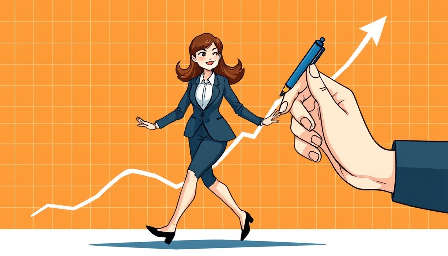 Illustration of a woman in business climbing a growth chart with a pen drawing the line.