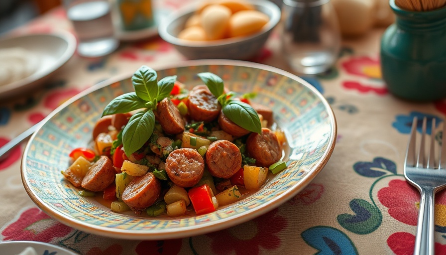 Global recipes: colorful salad with sausages and basil.