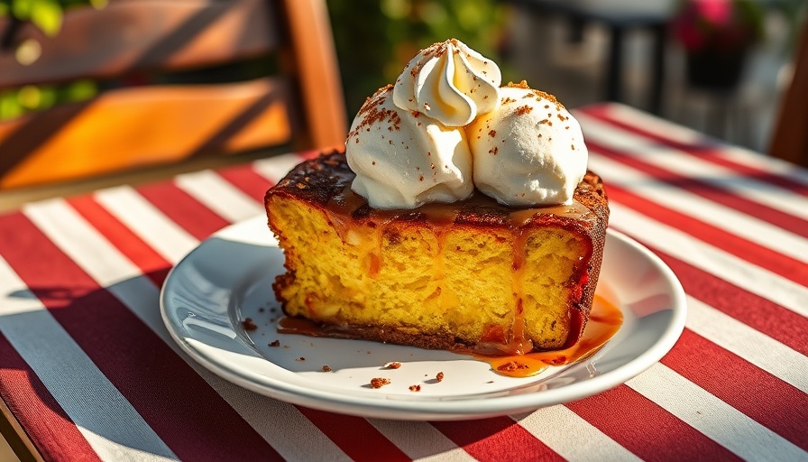 Grilled pound cake sundae with raspberry sauce and pistachios on a striped table.