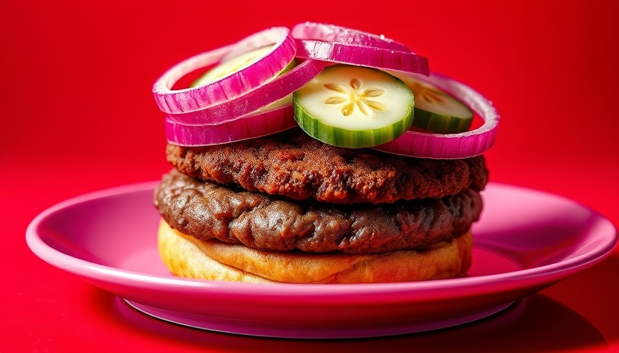 Juicy bison burger with colorful veggies on a pink plate.