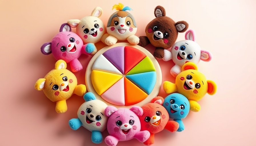 Engaging plush toys encircle pie chart on pastel background.
