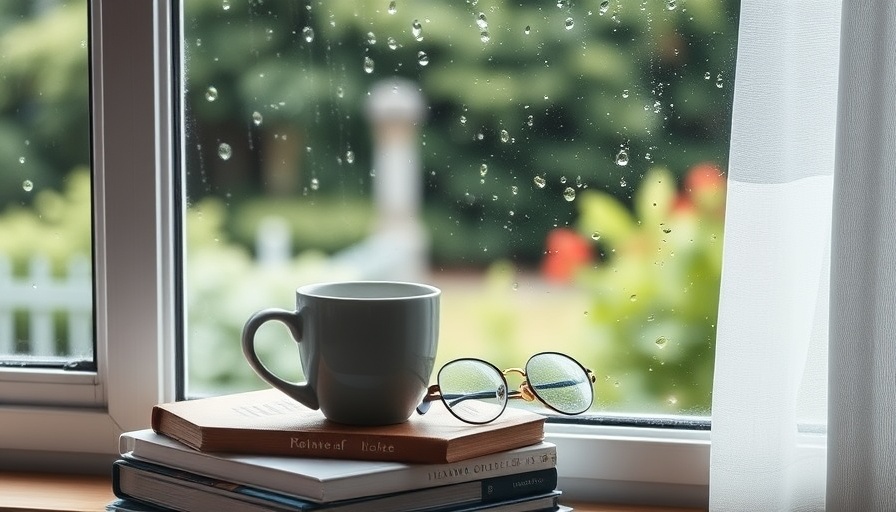 Calming scene for reset your mind strategies with mug by rainy window.