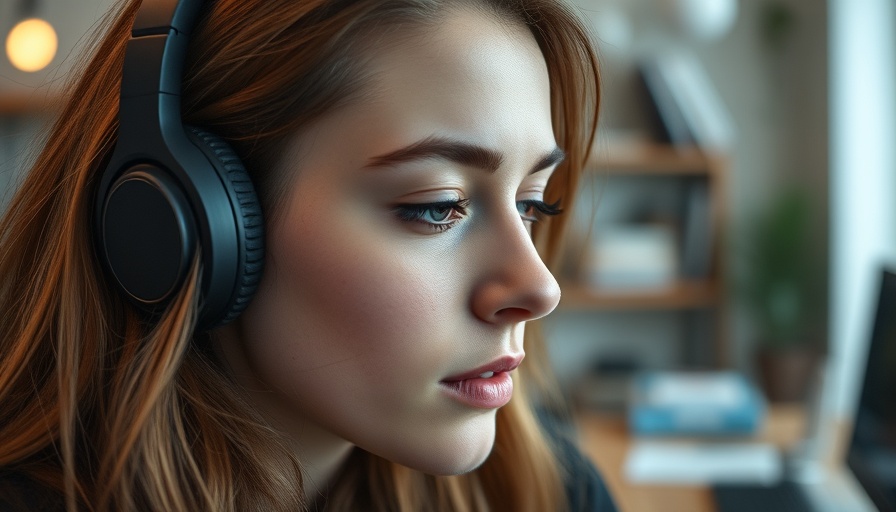 Focused young woman listening to music, ideal for entrepreneurs.