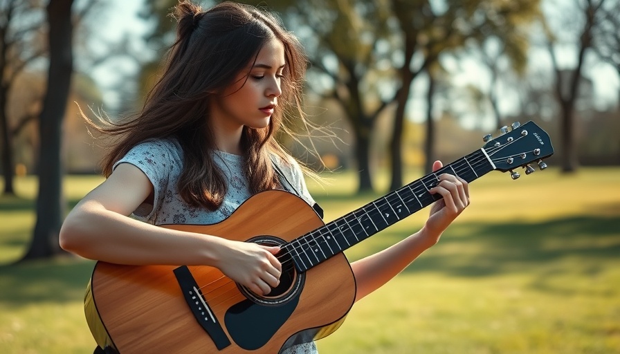 Friendship with Jesus theme with young woman playing guitar outdoors.