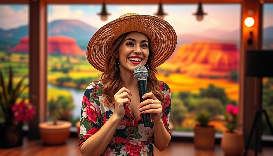 Cheerful woman in floral dress singing, colorful indoor backdrop, expiration day concept.
