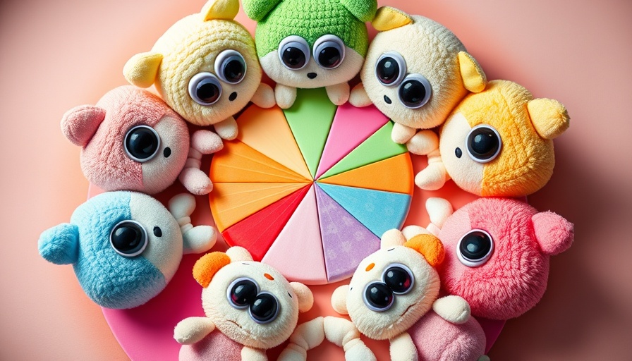 Plush toys in circular pattern on colorful background; captivating design.