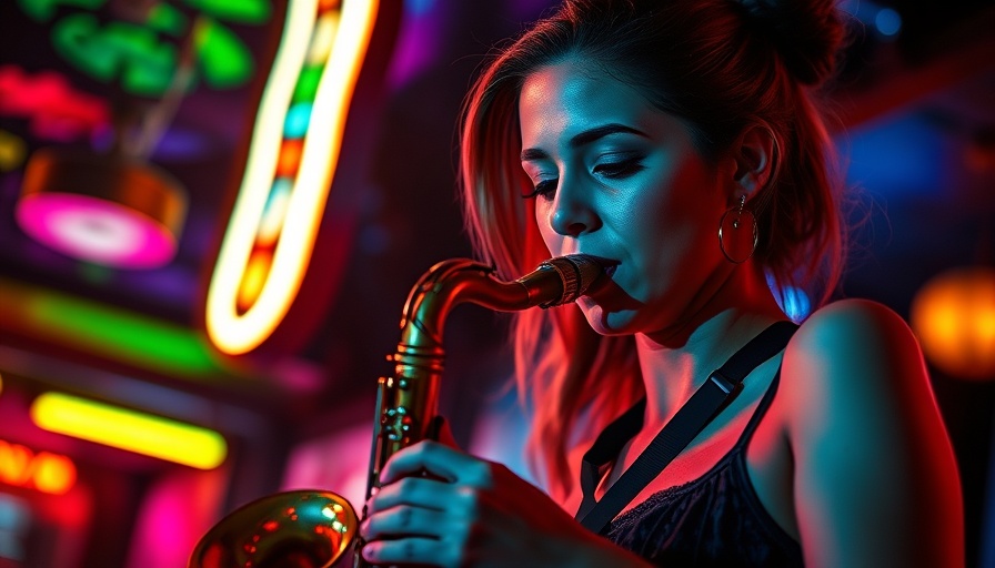 Neo Soul musician playing saxophone in a vibrant neon-lit setting.