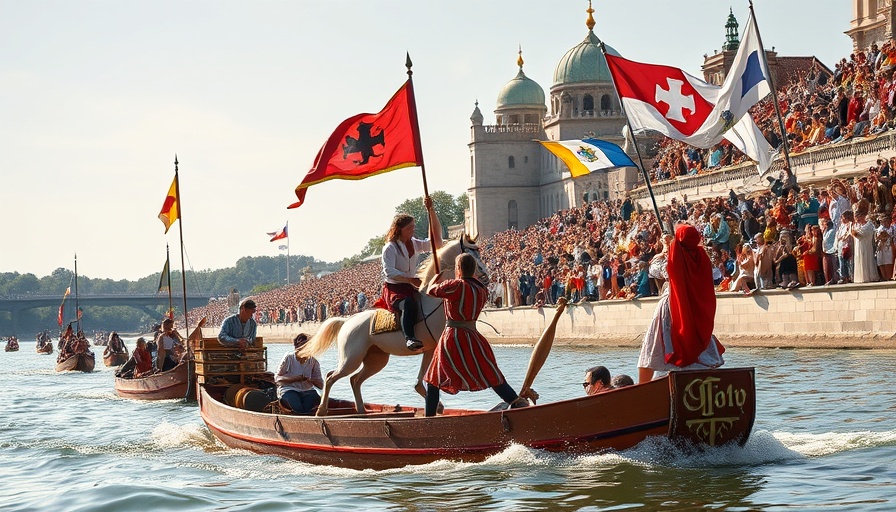 Jousting on the Danube participants in colorful boats with spectators.