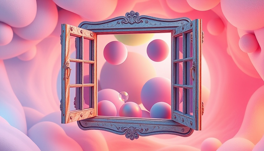 Surreal window in a pastel abstract setting with geometric shapes.