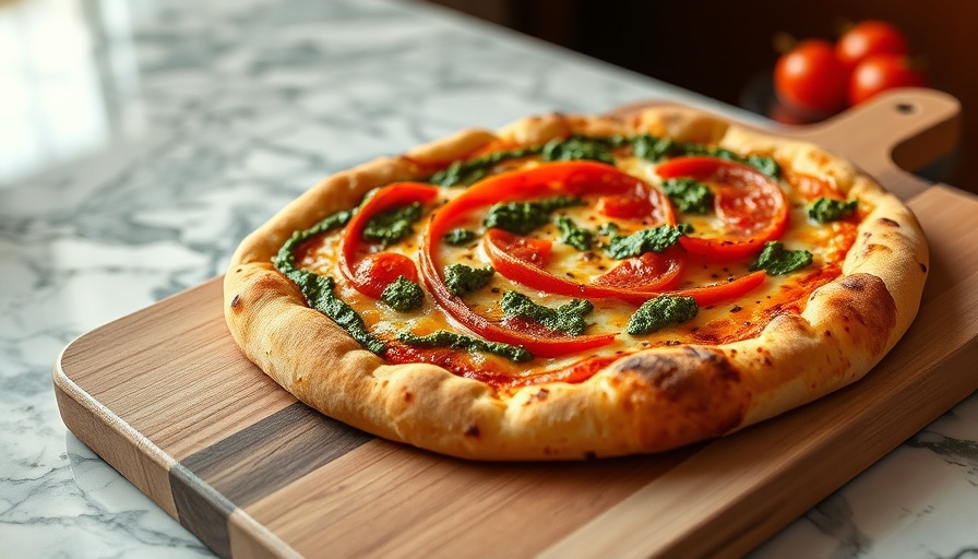 Gourmet pizza with artistic toppings on marble.