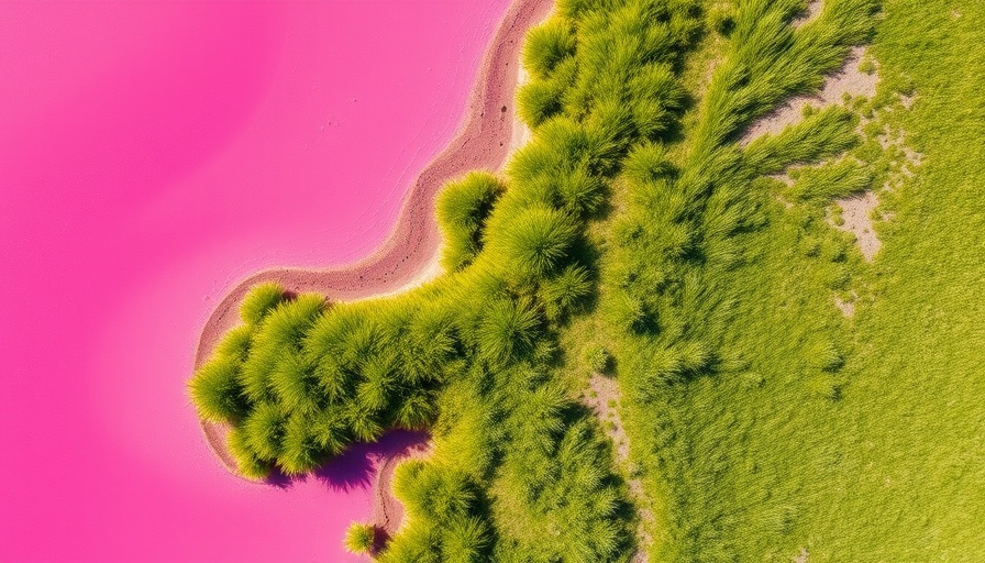 Aerial view of Australia's pink lake with contrasting grassy shore.
