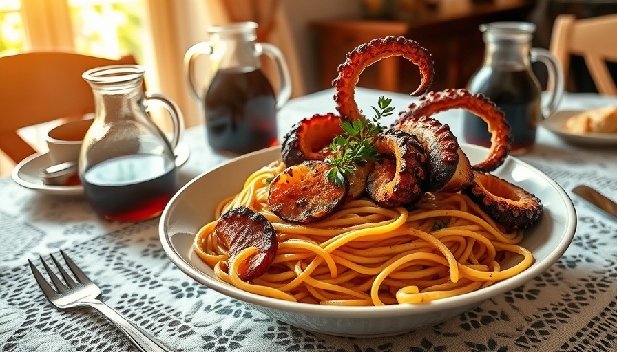 Gourmet pasta with octopus on lace tablecloth, Corfu dining.