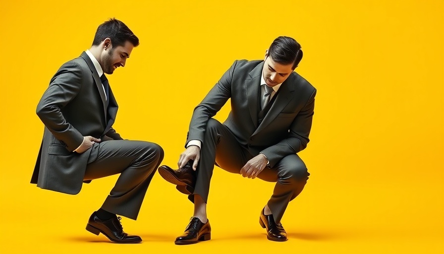 Contrasting monochrome businessmen, one tying the other's shoe, against yellow