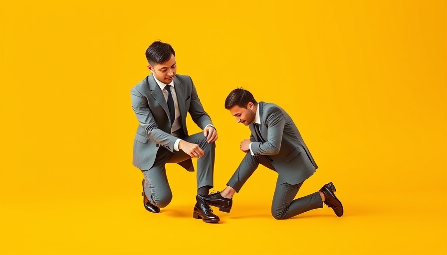 Two men in suits, one tying the other's shoe, against yellow.