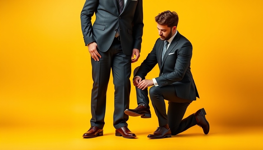 Two men in suits, one tying the other's shoe, vibrant yellow backdrop, teamwork concept.