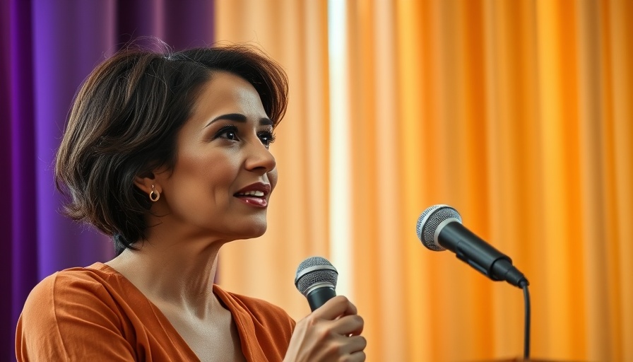 Woman discussing setting boundaries with family members, colorful backdrop.