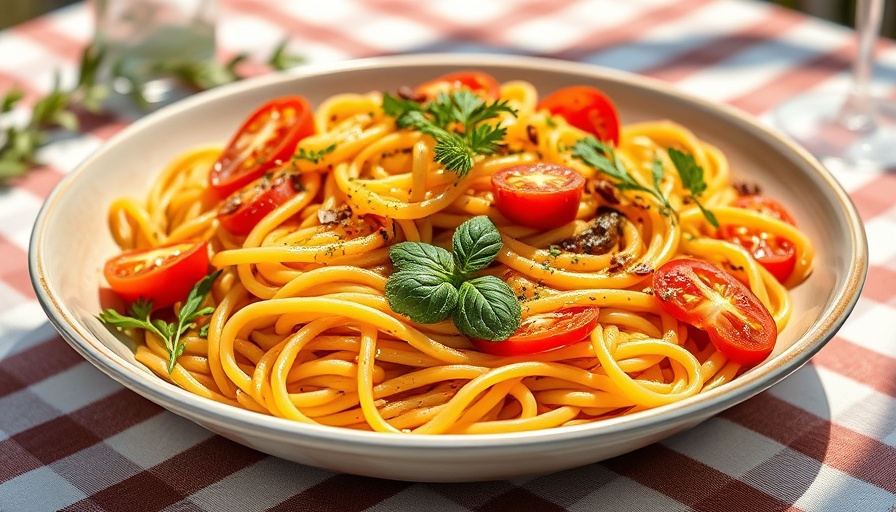 Vibrant Sun Gold Tomato Pasta Recipe on striped tablecloth