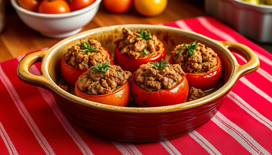 Gingery pork stuffed tomatoes in a rustic dish on a red-striped tablecloth.