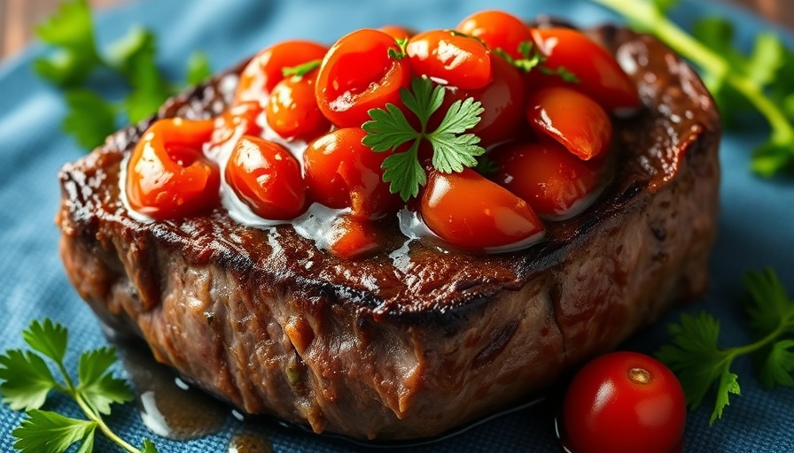 Steak with cherry tomato chutney garnished with parsley on a white plate.