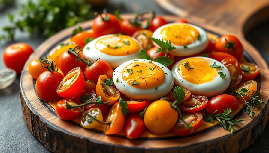 Turkish-style eggs and tomatoes with fresh herbs on wooden board.