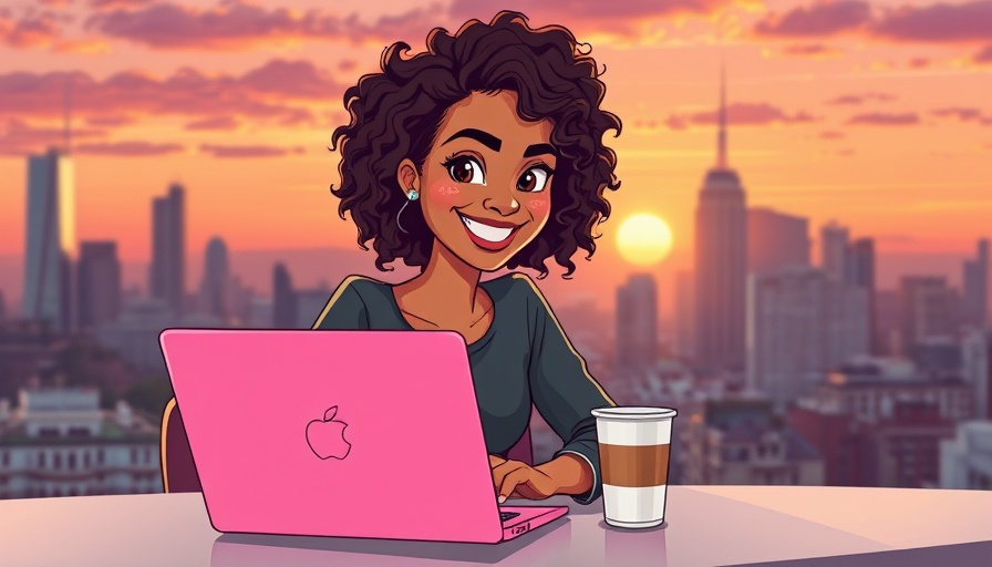 Lo-Fi Music for Relaxation: Cartoon woman at desk with laptop at sunset.
