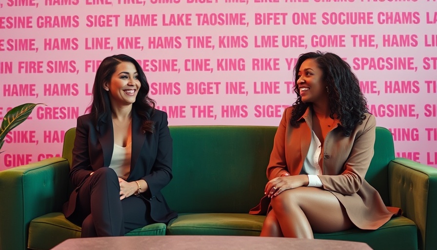 Two women discussing values on a sofa with a pink background.