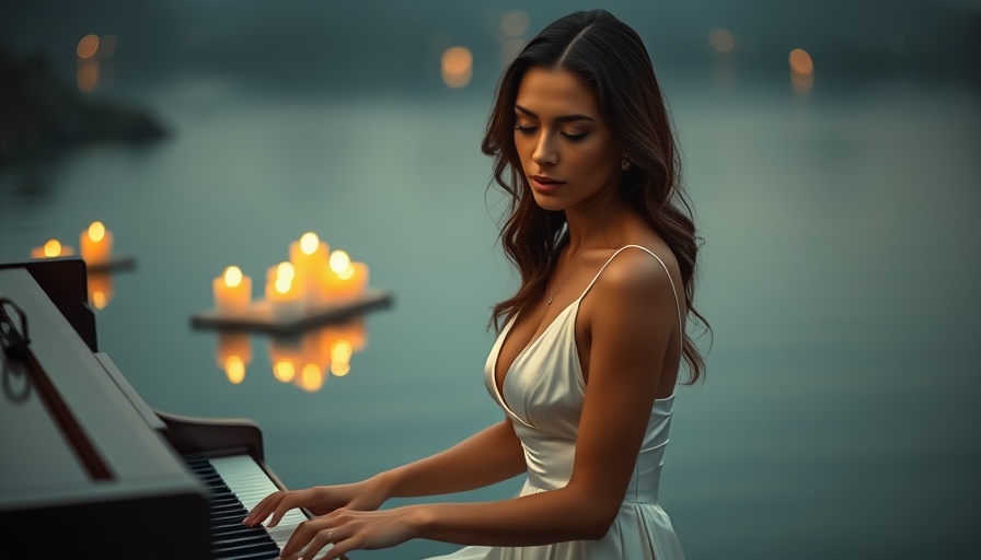 Elegant woman playing piano by water, serene ambiance.