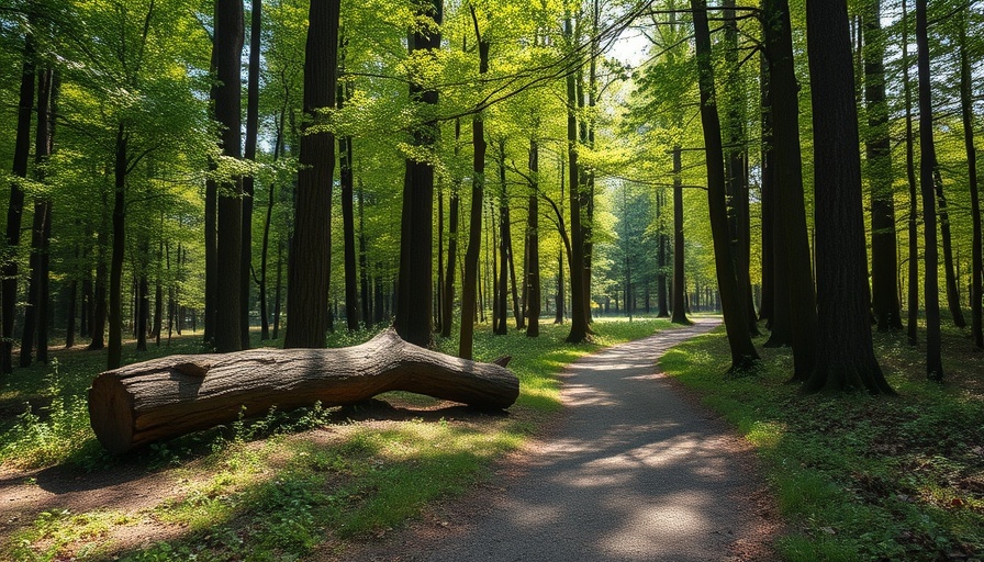 Peaceful forest path with a fallen tree trunk