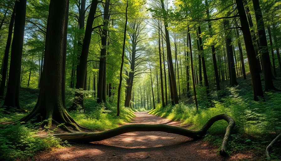 Serene forest with fallen tree and dappled sunlight.