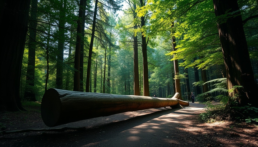 Forest path with fallen log in dappled sunlight, serene nature.