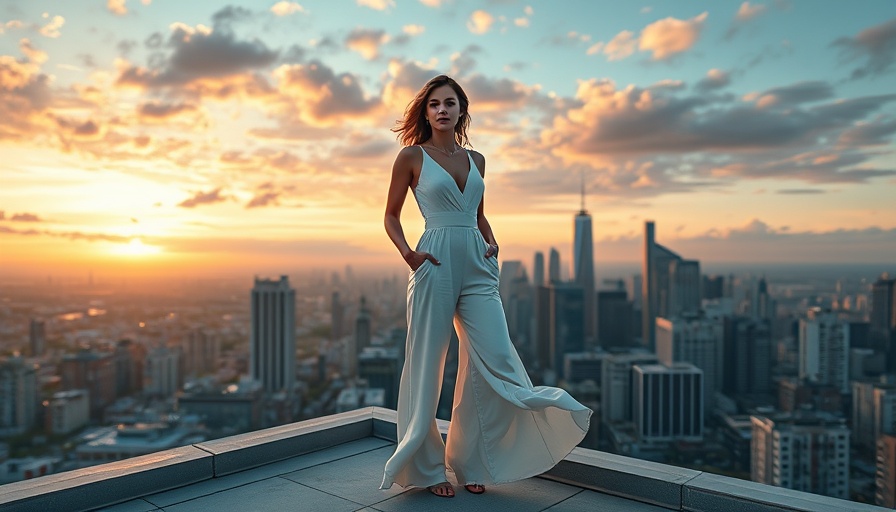 Stylish woman at rooftop sunset with city skyline.