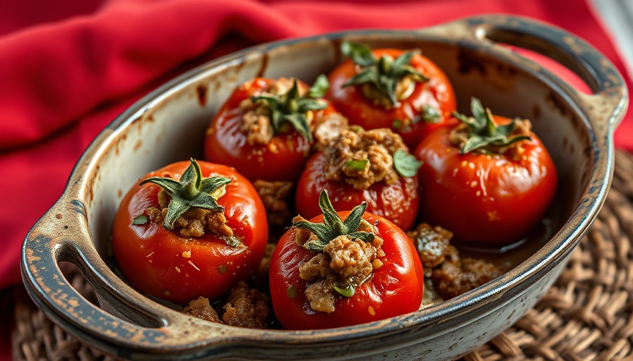 Gingery pork stuffed tomatoes in a rustic dish on a red cloth.