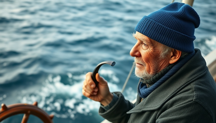 Sailor with a pipe looking at the sea, weathered and contemplative.